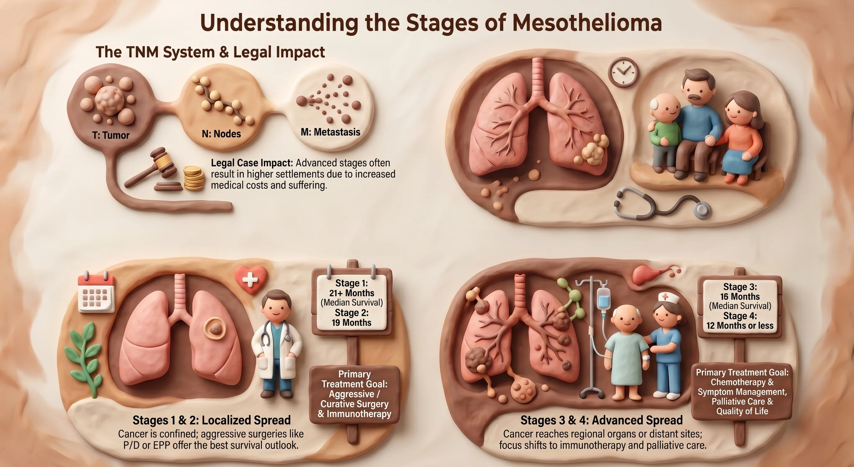 Mesothelioma staging diagram showing stages 1 through 4 — tumor location, lymph node involvement, metastasis, treatment options, and survival outlook at each stage